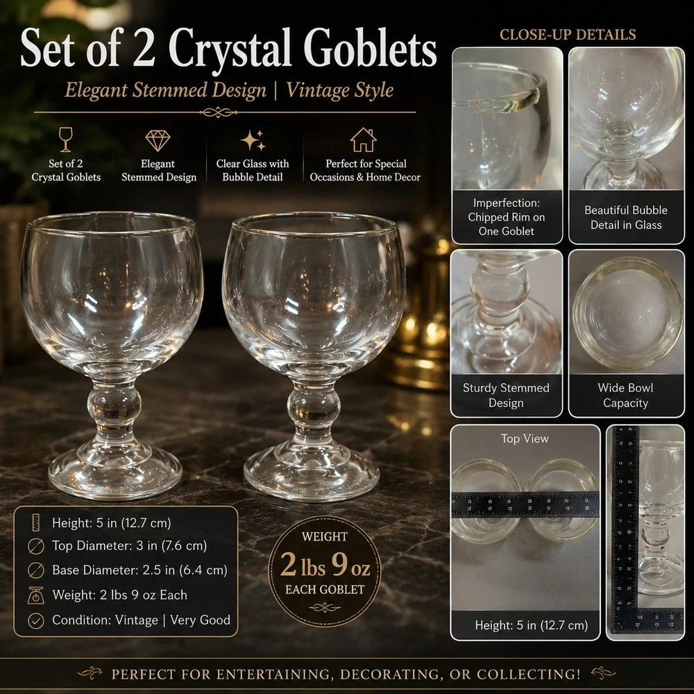 Vintage Clear Glass Goblets Set of 2 Stemmed Drinking Glasses Bubble Stem 5